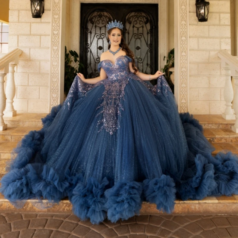 

Navy Blue Shiny Ball Gown Quinceanera Dresses Applique Lace Beading Crystal Tiered Tull Corset Off The Shoulder Sweet 16 Dress