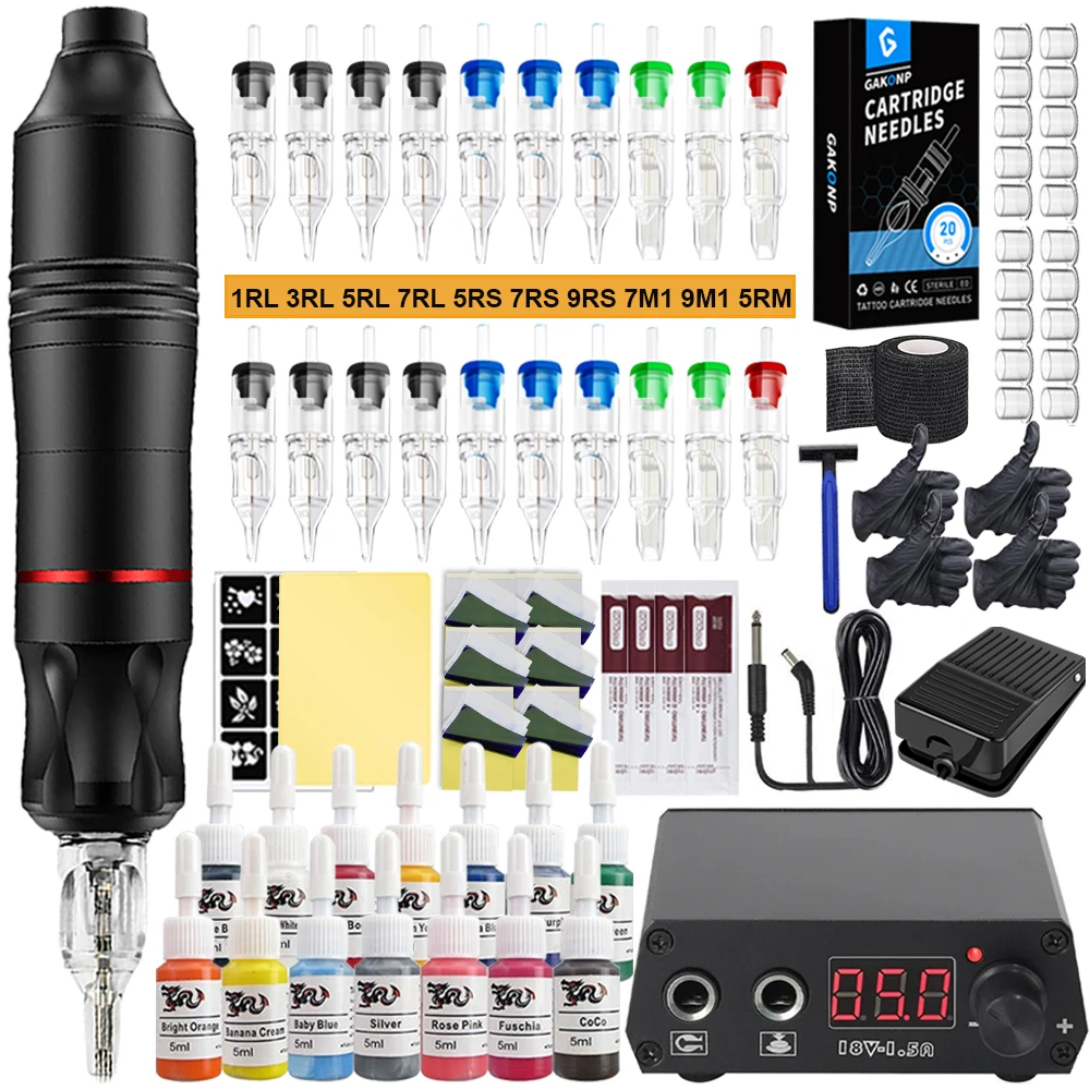 

Complete Tattoo Machine Pen Kit Rotary Tattoo Pen Set DC Interface Tattoo Gun with Power Supply Needles Ink for Beginners Supply