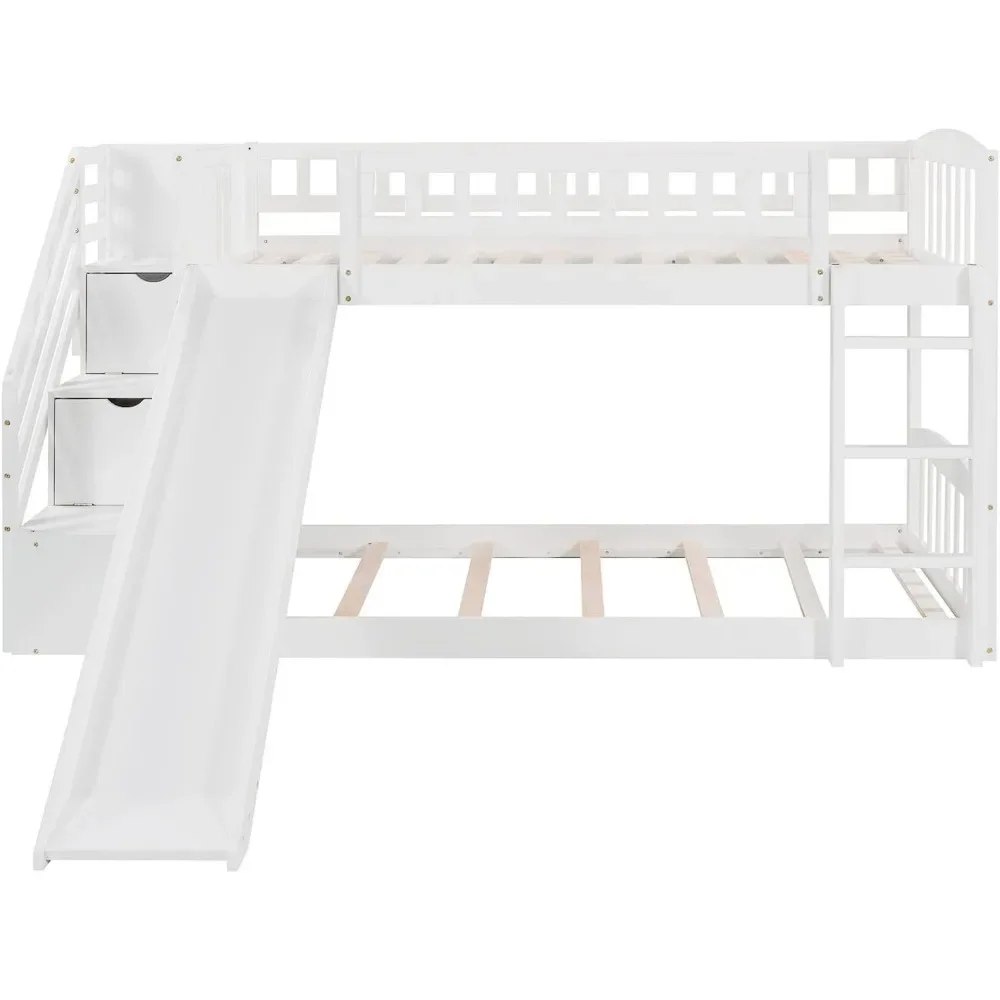 Bunk Bed Frame, Slide, Stairs and Guardrails, Children\'s Solid Wood Bed Frame, White