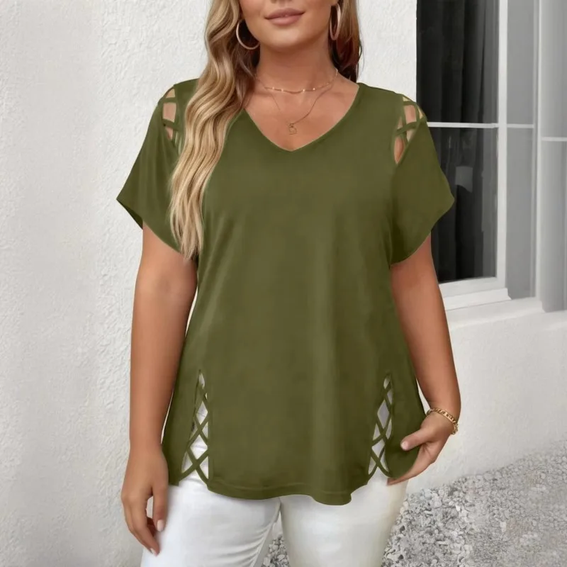 Plus Size Short Sleeve T-Shirts Women's Summer Loose Hollow Out Tops Casual Solid Color V-neck Plus Size Top Daily Basic Tee