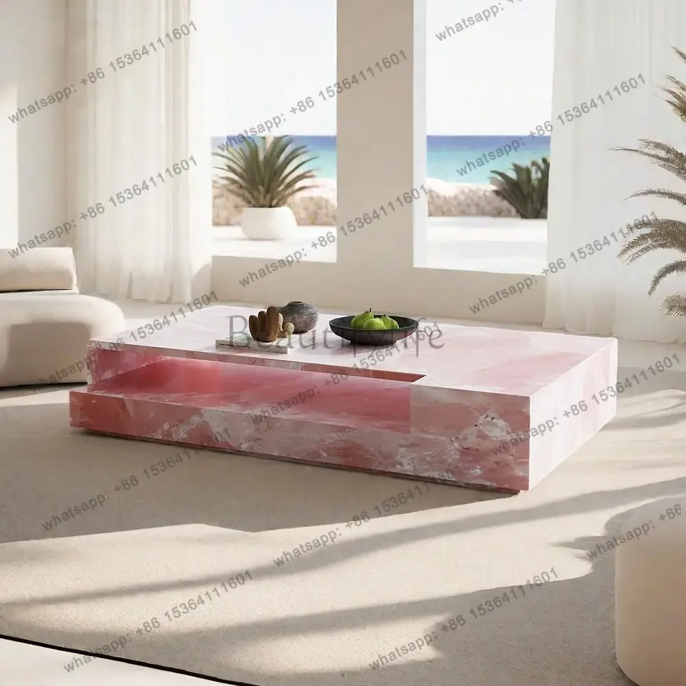 Rectangular  Jade Marble Coffee Table, Artistic Designer Luxury Stone, Heat & Scratch Resistant, Natural Veining, Customizable