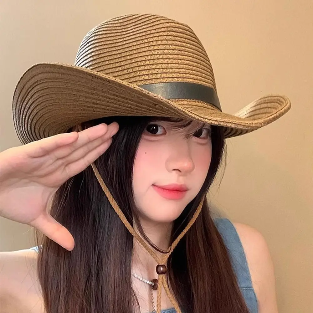 

Vintage Summer Western Cowboy Hat Foldable Wide Brim Straw Visor Hat Outdoor Boho Sun Protection Cap Women Men