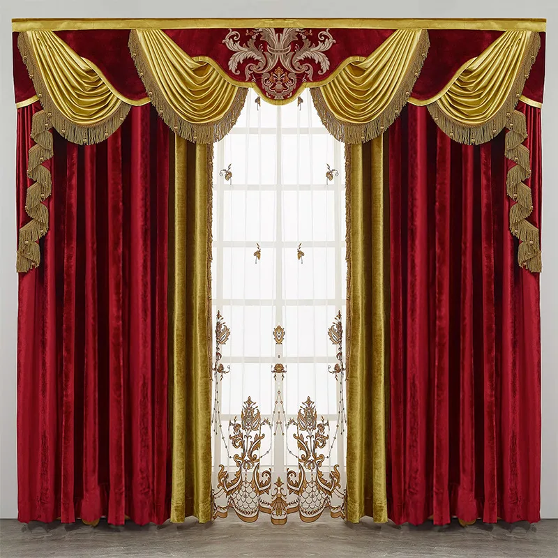 

American French luxury curtains for villa bedroom velvet embroidery red high-end European palace style sunshade color matching