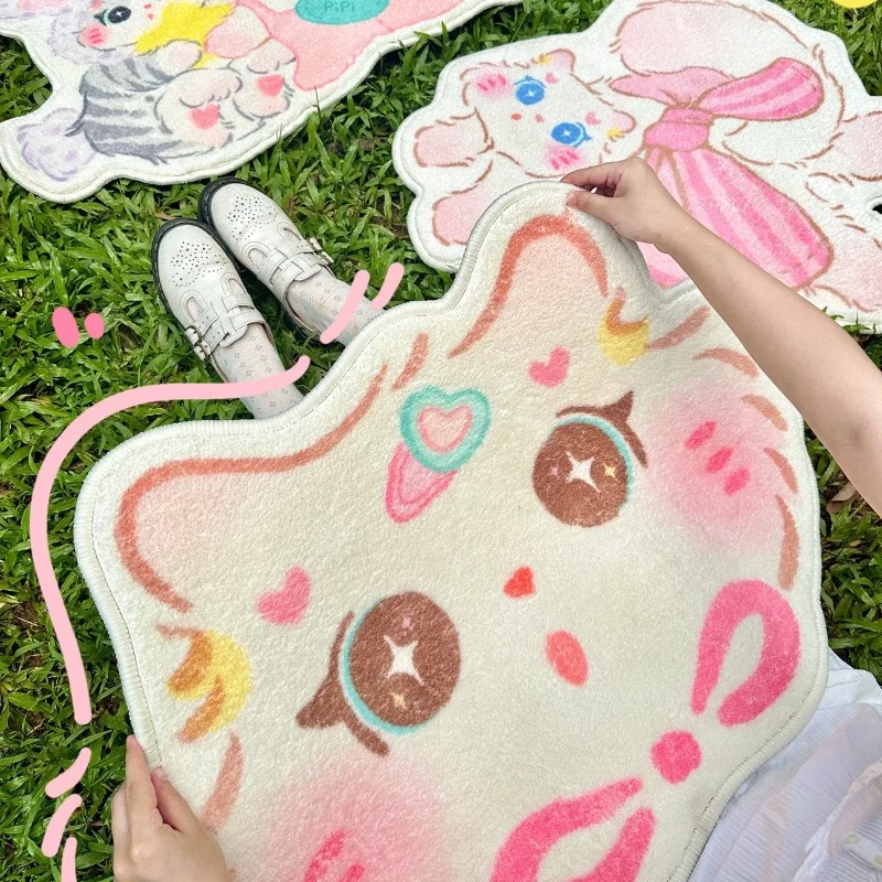 Cute Cat Girl Bedroom Decorative Carpet Irregular Cartoon Living Room Sofa Rug Kawaii Plush Floor Mat Comfortable Soft Foot Pad