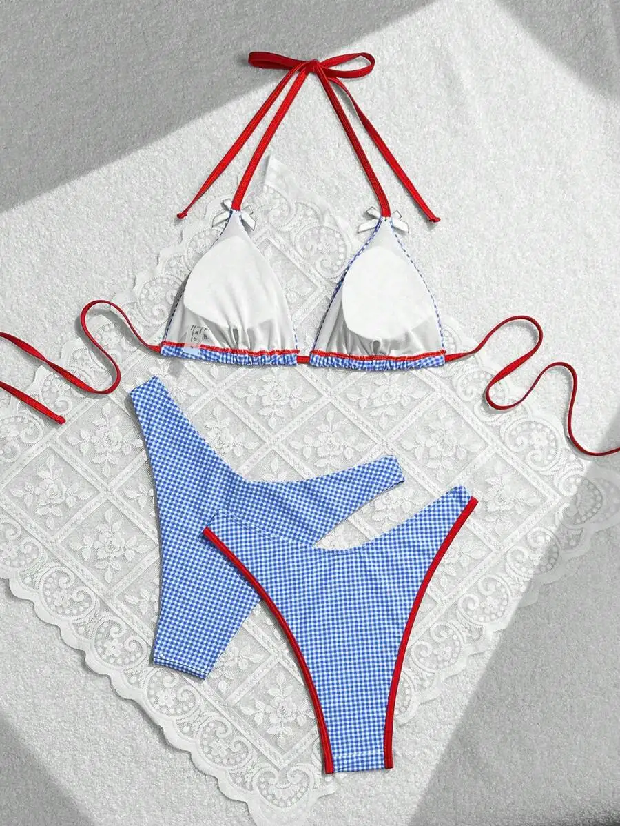 

3pcs Women Summer Beach Plaid Halter Tie Bikini Set