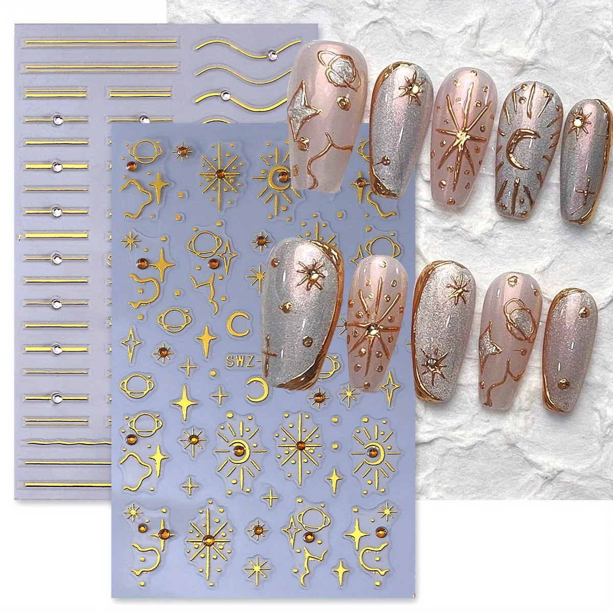2 Stück funkelnde goldene Sonne Stern Nagel Strass Aufkleber Bronzing Konstellation Mond Streifen Linie Französisch Y2K Edelsteine Maniküre Aufkleber