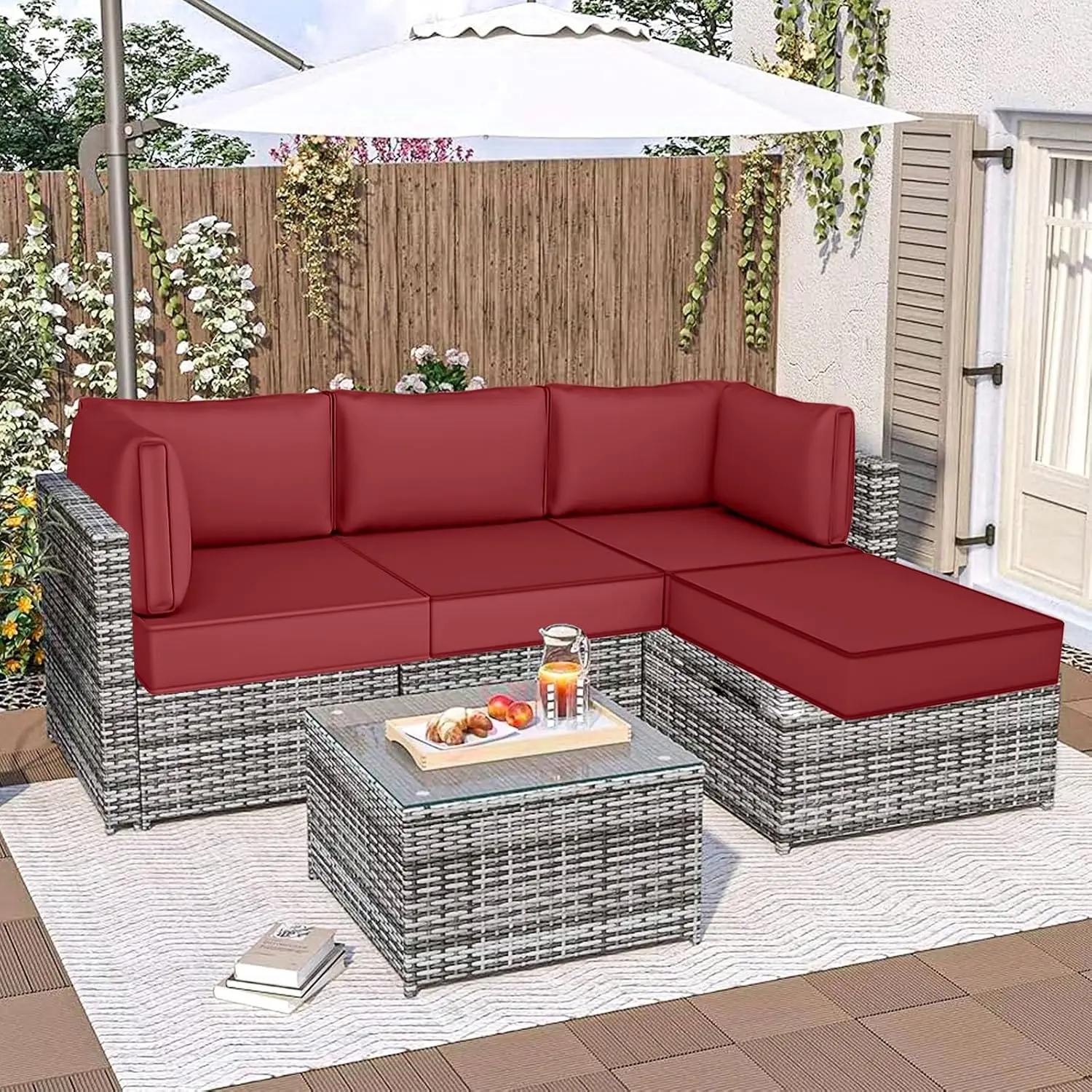 Outdoor Sectional Cushions 5in Thick 9 Piece Water-Resistant Replacement Set for 4-Seat L Shaped Wicker Patio Sofa, Customized