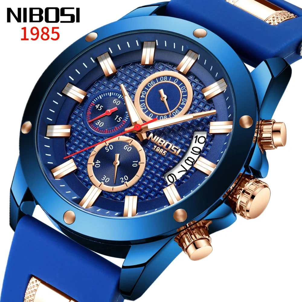 NIBOSI Men's Sport 6-Hand Chronograph Quartz Watch with Silicone Strap Calendar Date Luminous Hands Waterproof Relogio Masculino