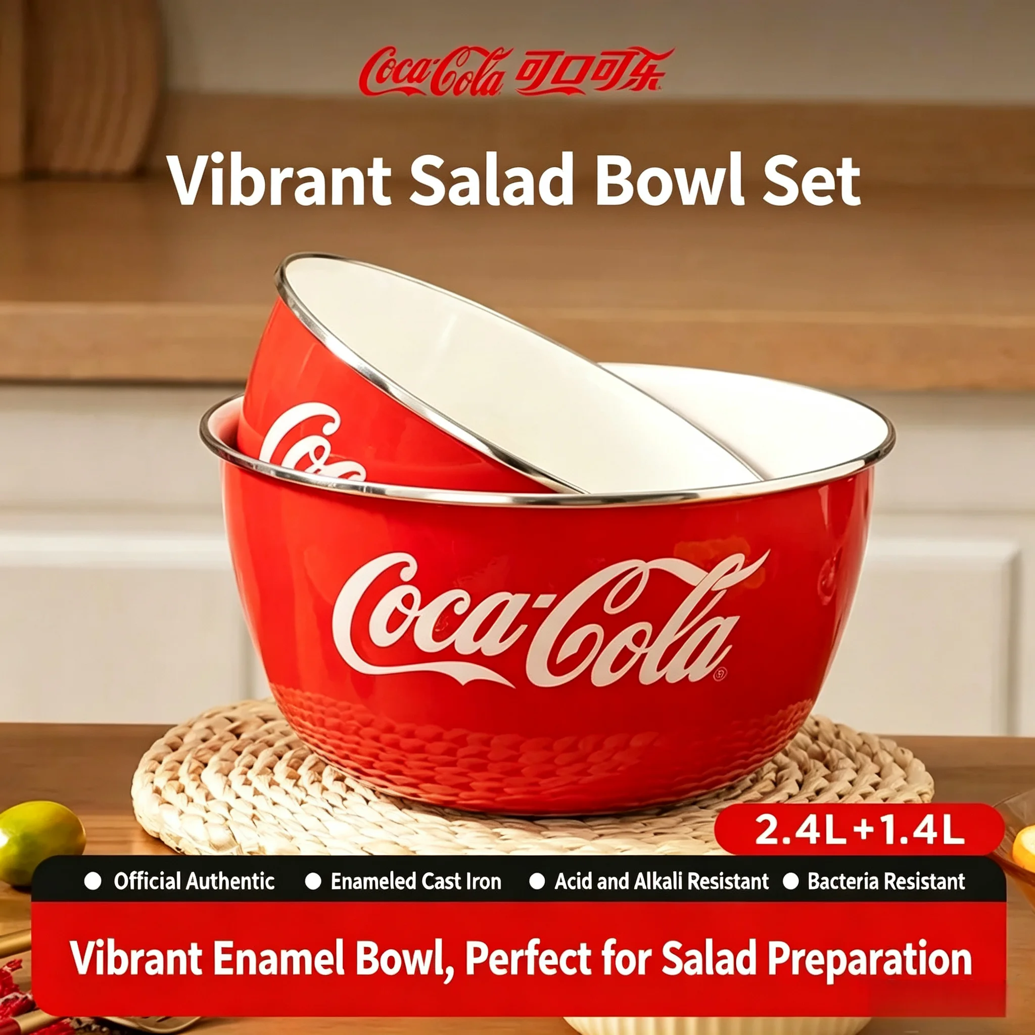Coca Cola Vintage Enamel Salad Bowl Set 2.4L+1.4L Large Mixing Serving Bowl for Fruit Pasta Noodle Soup Vegetable Kitchen Gift