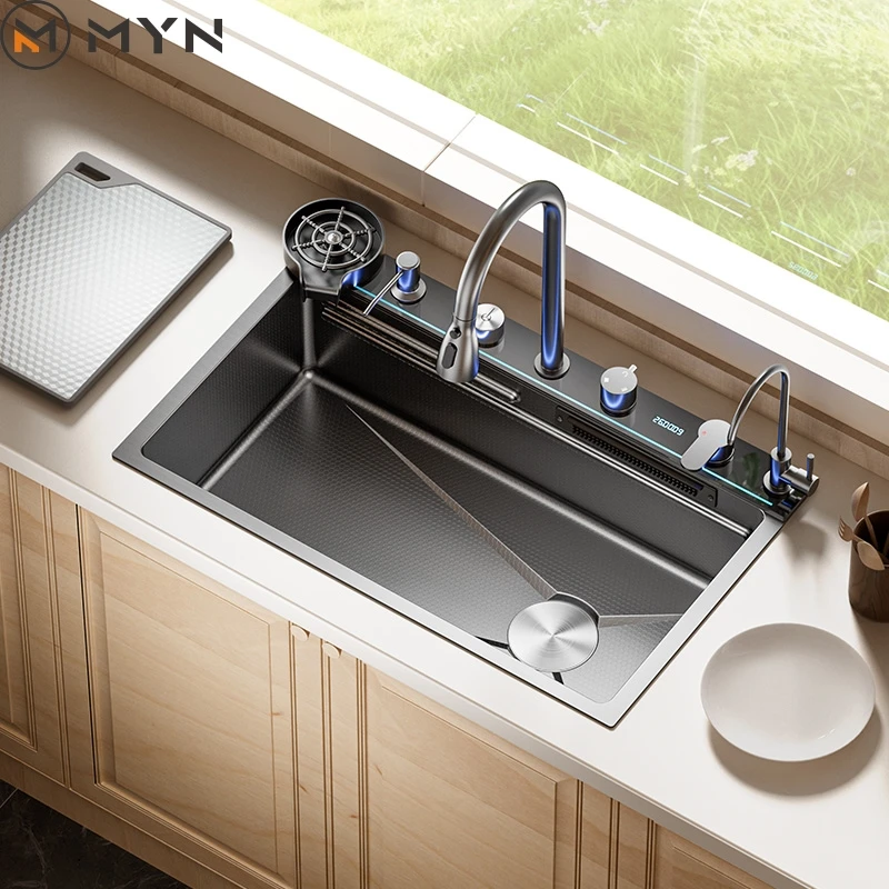 

Новейший дизайн, аксессуары для самостоятельного изготовления, толщина 5 мм, 30, 32 дюйма, водопад, черная бионическая сотовая цифровая кухонная мойка из нержавеющей стали 304