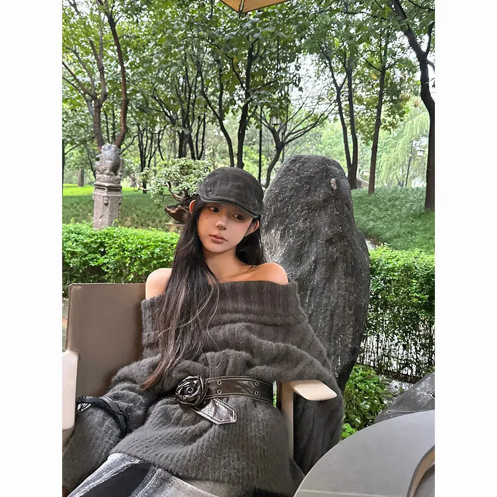 Grey Off Shoulder Sweater Women Clothing Autumn/Winter New Fashion Slouchy Loose Casual Outer Wear Knitted Pullovers Women Tops