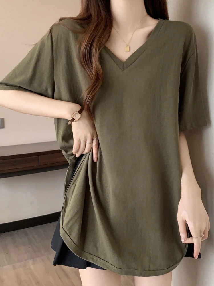 

Slimming V-Neck Short Sleeve T-Shirt Women's Summer Fashion plus Size Base Shirt Cover Belly Asymmetrical Korean Style Top