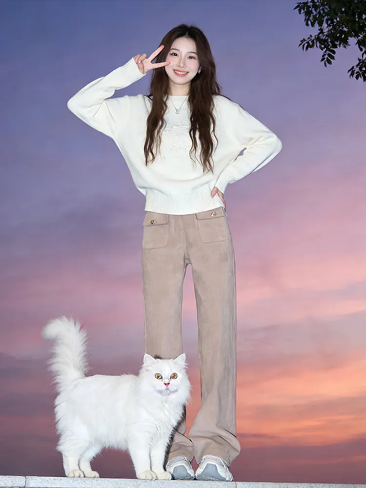 

Faionable White Long Sve Knitted Sweater And Casual Work Pants Women's Two-Piece Set Autumn Winter High Waist Straight Cut