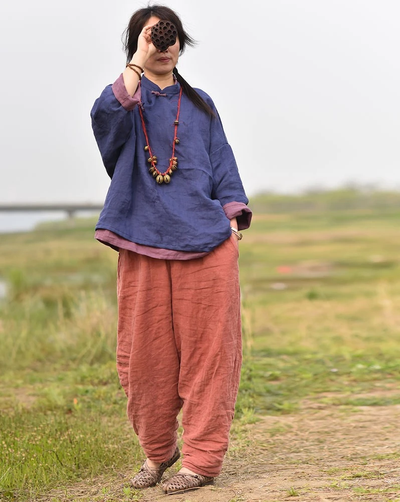 

Original Washed Linen Stand Collar Shirt Vintage Artistic Hand Sewn Chinese Style Slanted Flap Loose Women's Shirt