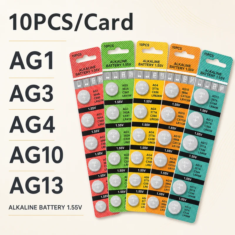 Alkaline Button Cell Battery 1.5V LR44 AG13 10PCS Card Pack, Replacement Coin Batteries for Toys Remote Control Watch