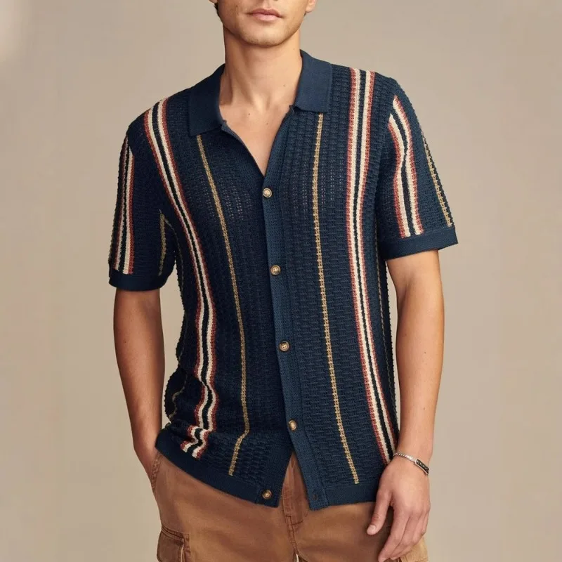 UNITIM Man Summer T-shirt Korean Striped Knitted Breathable Men Shirts Thin Single-breasted Short Sleeve Beach Daily Male Top