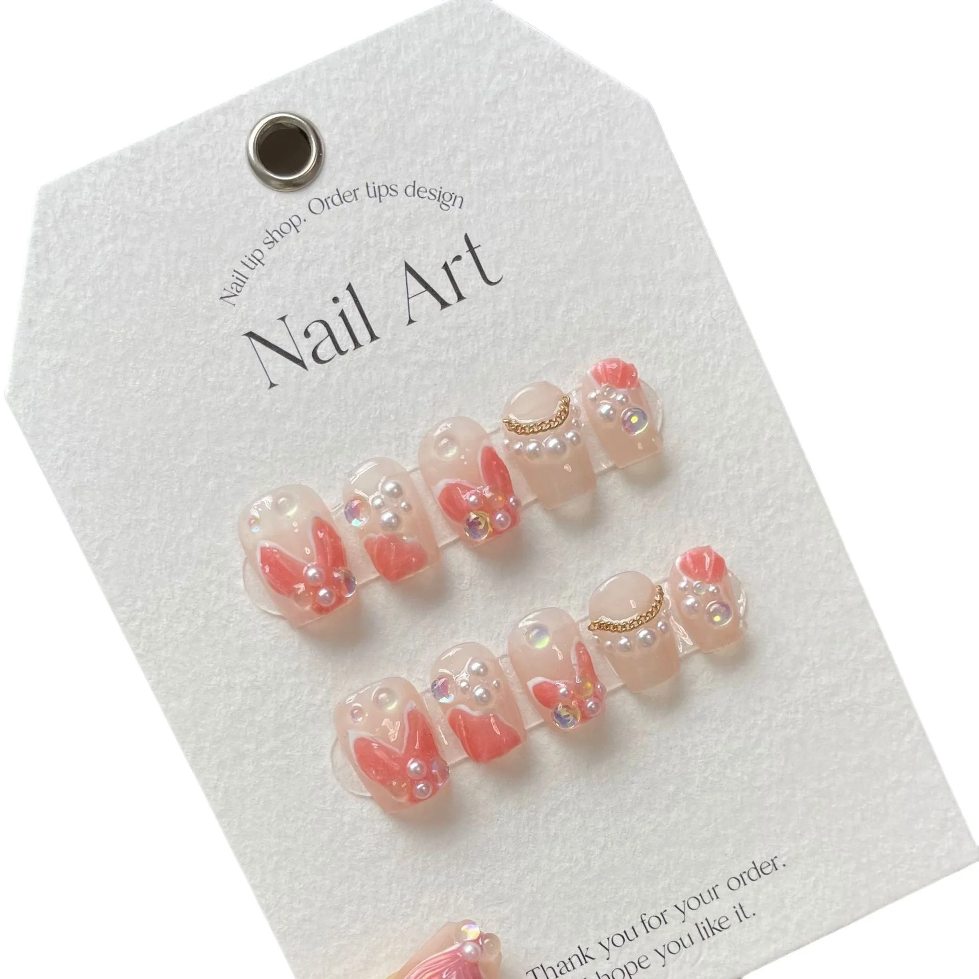 Nude Color Handmade Press on Nails for Women and Girls Wearable Fake Nails Pink Mermaid Tail Pearls Designed False Nails Tips