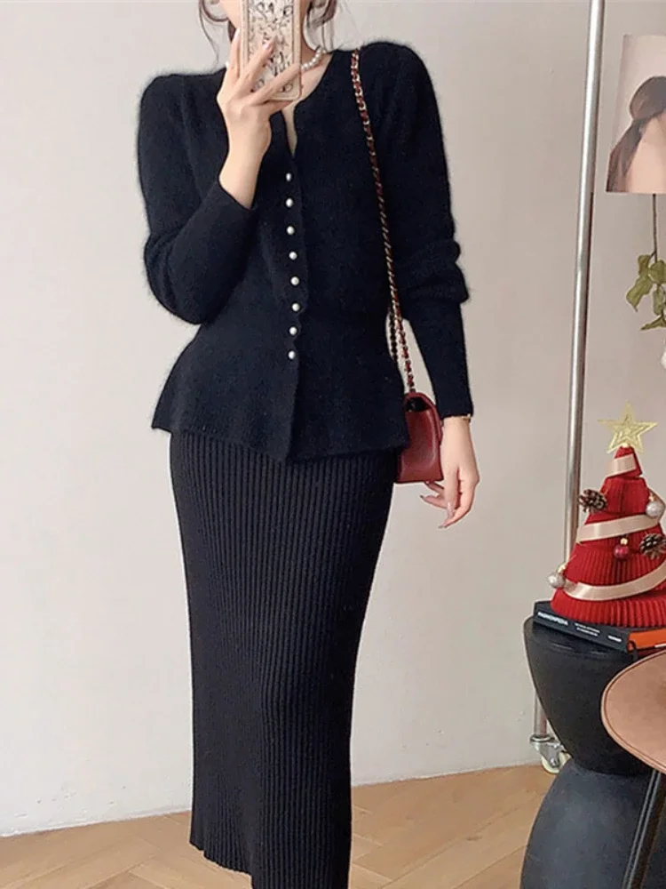 Fashion Chic Solid Color Slim Cardigan Sweater Top Y2k Women Knitted Two Piece Skirt Set New Style Elegance Tide Autumn Winter