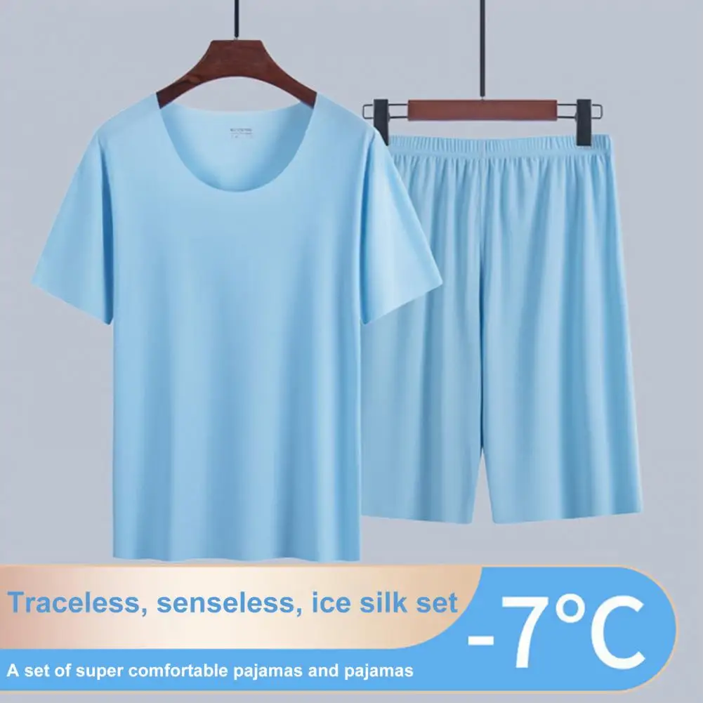 

2 Pcs/Set Men Summer Pajamas Comfortable Short Sleeve Round Neck Solid Color Loose Sportswear Thin Plus Size Men Top Shorts Set