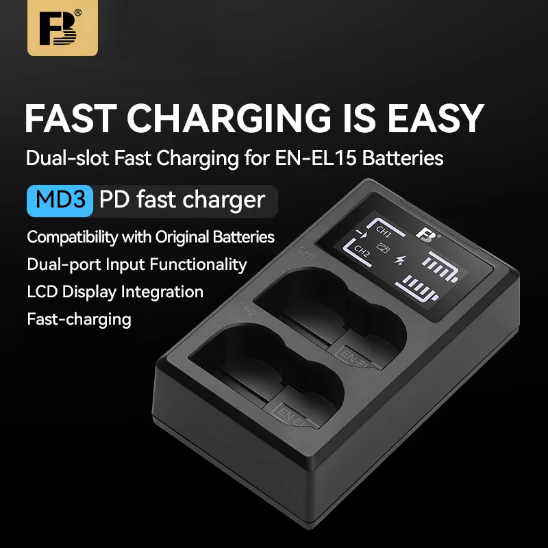 FB Fast Charger for Nikon EN-EL15 Batteries Z5 Z6 Z7 D7000 D7500 D750 Camera Battery Dual Slot 0.6H Fast Charge with LCD Screen