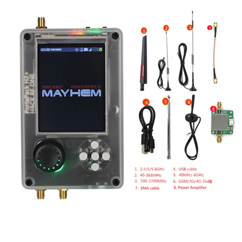 조립된 HackRF Portapack H2 Mayhem 2.0.1 펌웨어, HackRF One 6GHz SDR, 0.5ppm TXCO, 배터리 및 케이스