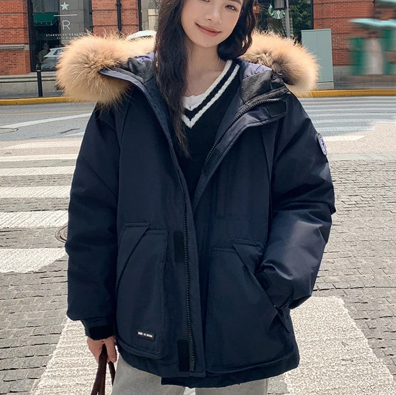 

Women's down Cotton Hooded Jacket Thiened Winter Coat Korean Style Fur Collar Workwear Sleeve Long Warm Travel Outfit Parkas