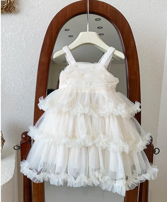 Retail New Baby Girls 2024 High Quality  Boutique Mesh Cake  Dress , Princess Kids Birthday Dresses Holiday 2-7T