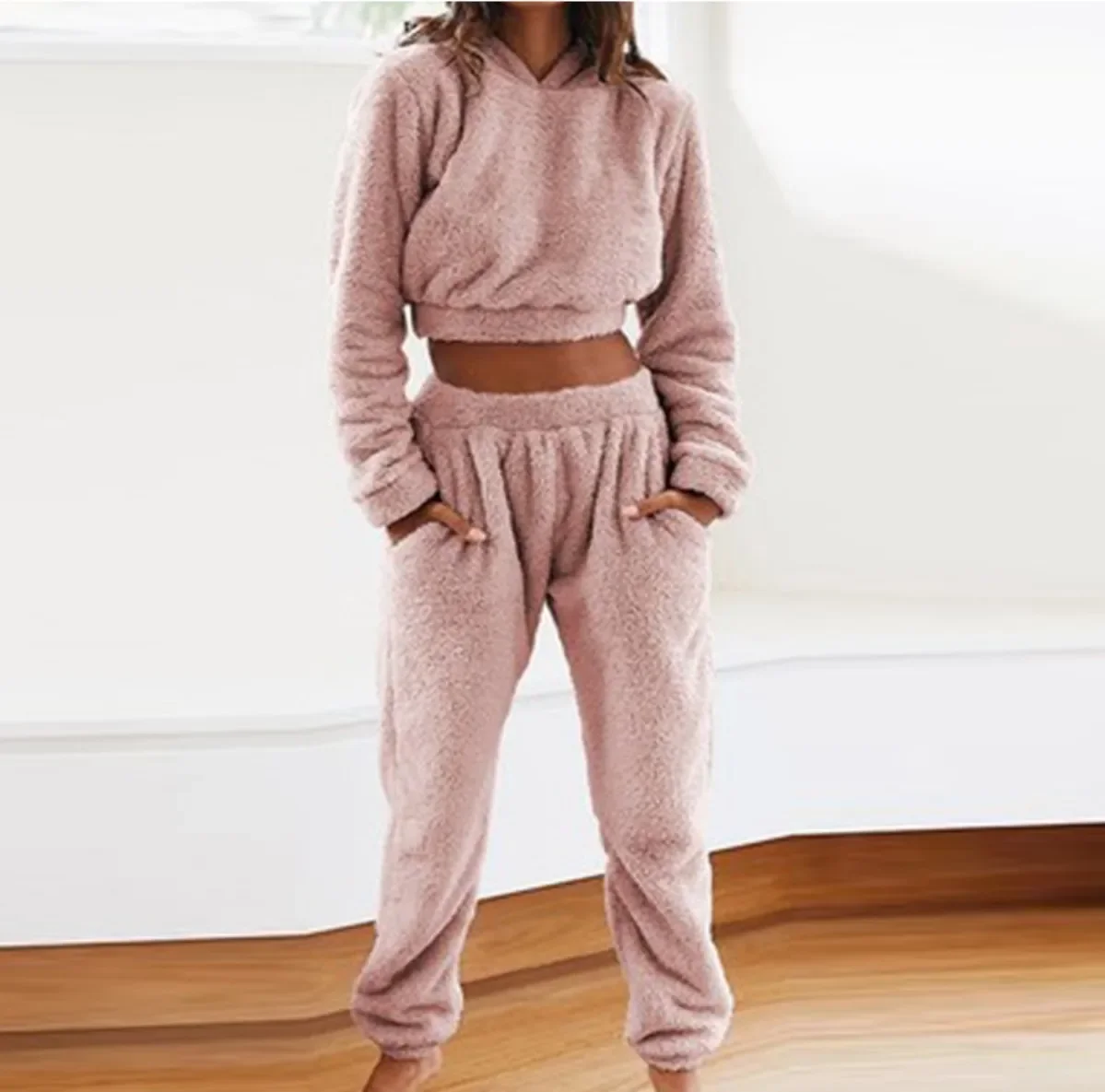 Thickened 2pcs Women's Coral Velvet Pajamas Long Sleeve Pullover Hooded Casual Trousers Double-sided Plush Warm Pijama for Women