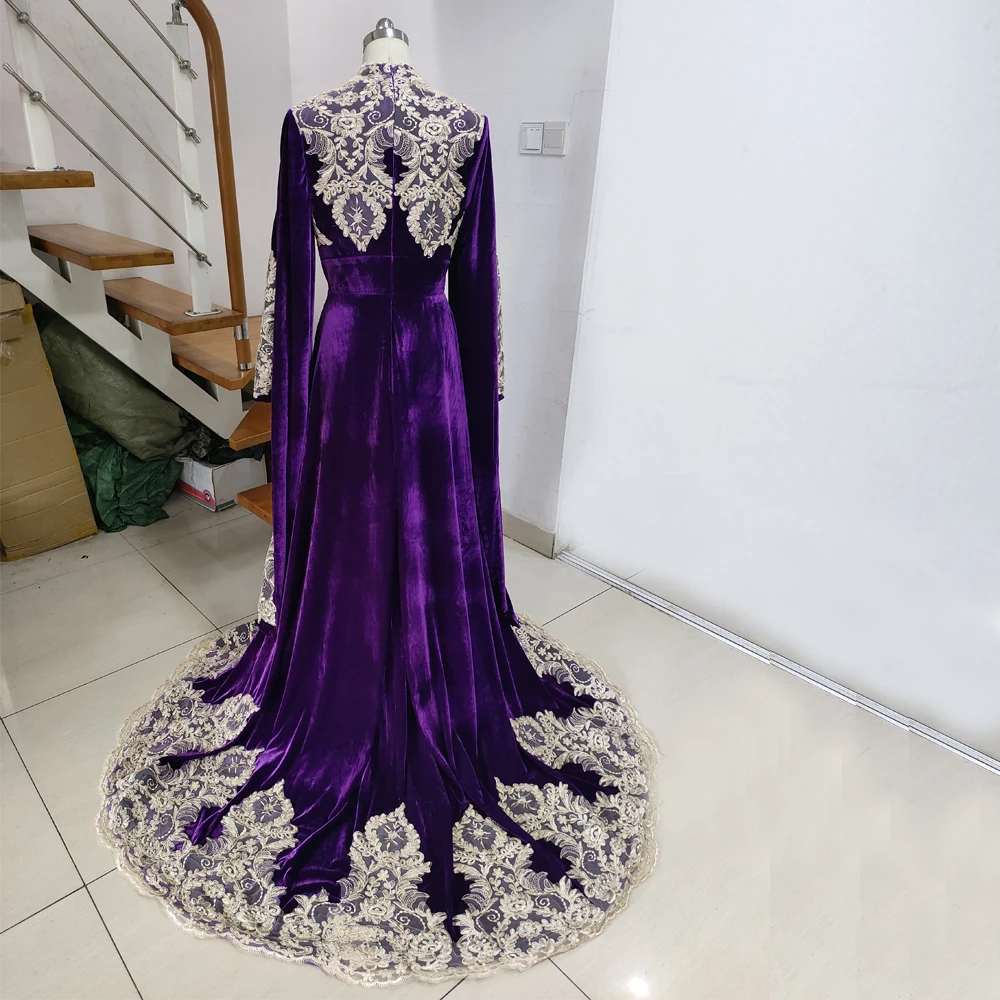 Purple Muslim Evening Dresses Lace Appliques High Neck Long Sleeve Kafan Formal Gown Plus Size Arabic Dubai Vestidos De Novia