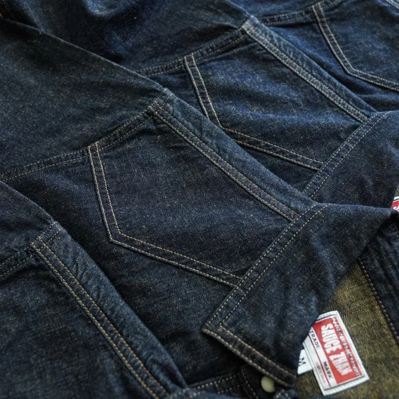 Sauce Zhan Mens Shirt Jeans Shirt Vintage Cotton and Linen Western Cowboy Shirt Long Sleeve Denim Double Pockets
