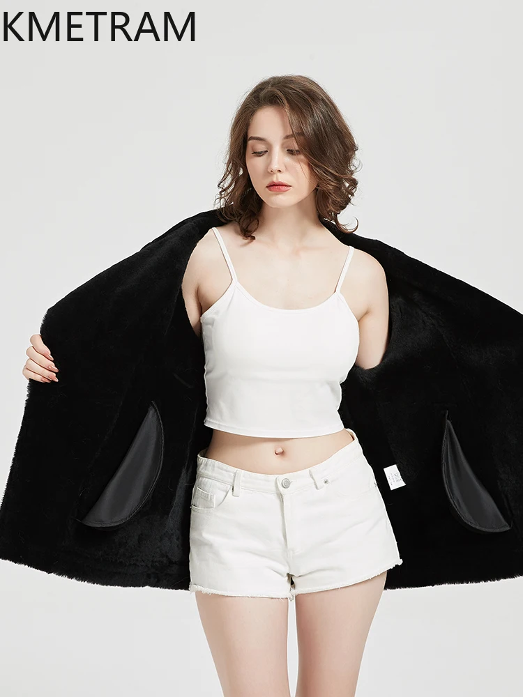 KMETRAM 100% Merino Sheepskin with Wool Atttached Fur Coat Biker Clothes 2025 Mid Length Women's Winter Jacket fourrures femmes