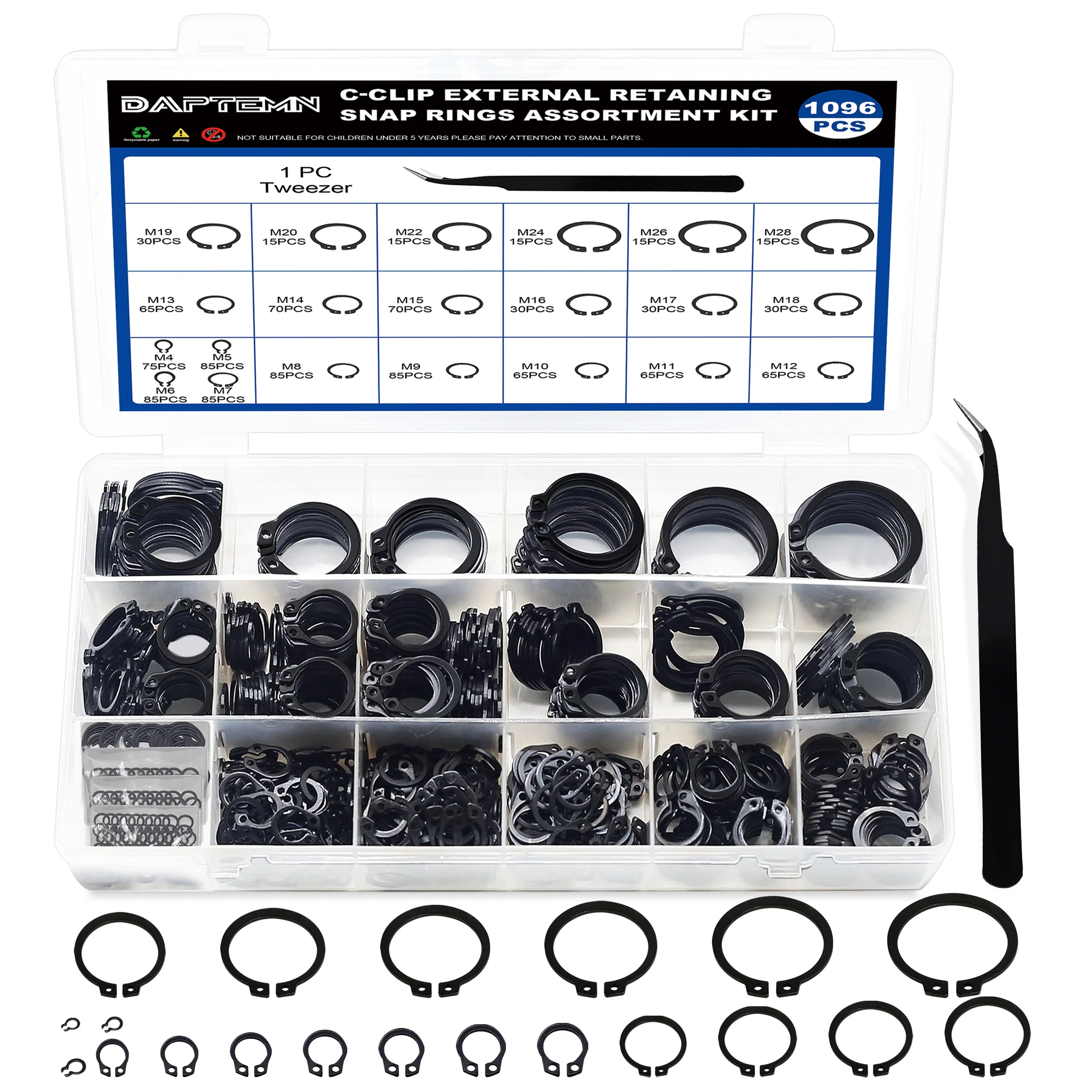 External Retaining Rings Assortment Kit, 1095 PCS Circlip Snap Retaining C-Clips Black Alloy Steel Rings (M4 - M28)