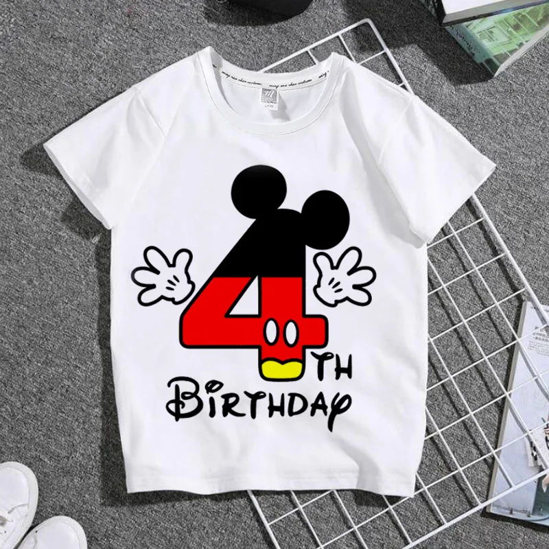 Summer Fashion Mickey Mouse How Old Am I? Printed Short-Sleeved Tops Kids Pure Cotton White T-Shirt Boys Girls Birthday Clothes