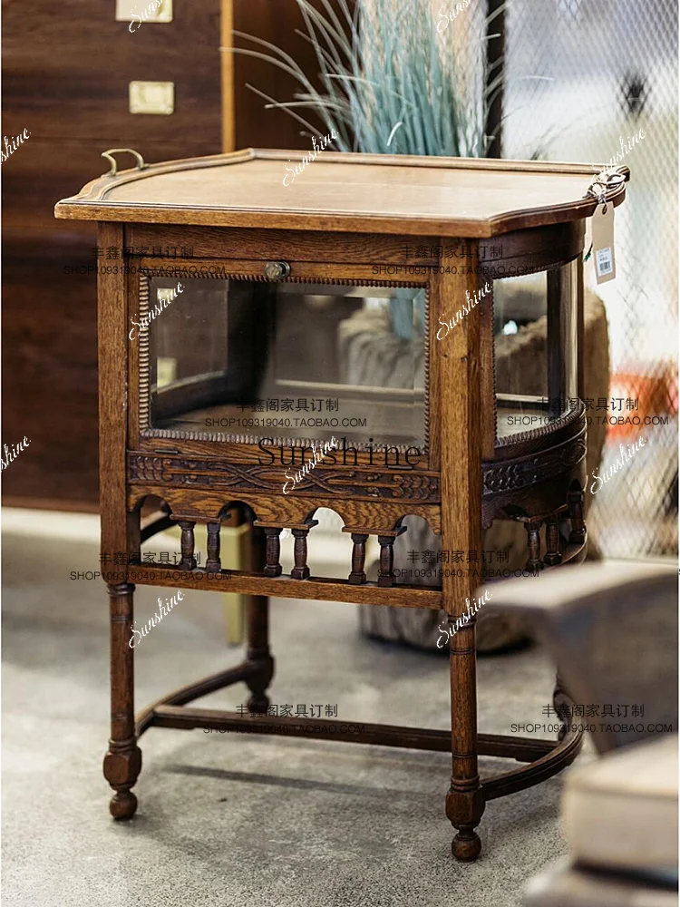 

French retro solid wood carving flower glass edge few medieval old tray tea cabinet FT