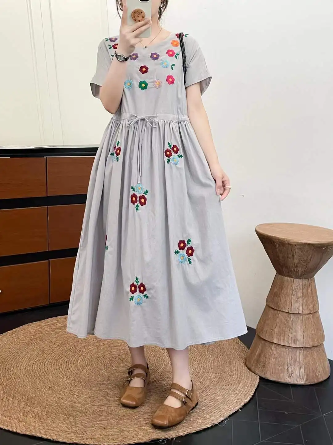 New 2026 Summer Women Cotton Short Sleeve Dresses, O Neck Floral Embroidery, Mori Girl Age Reduction Loose A-line Dress D64057CC