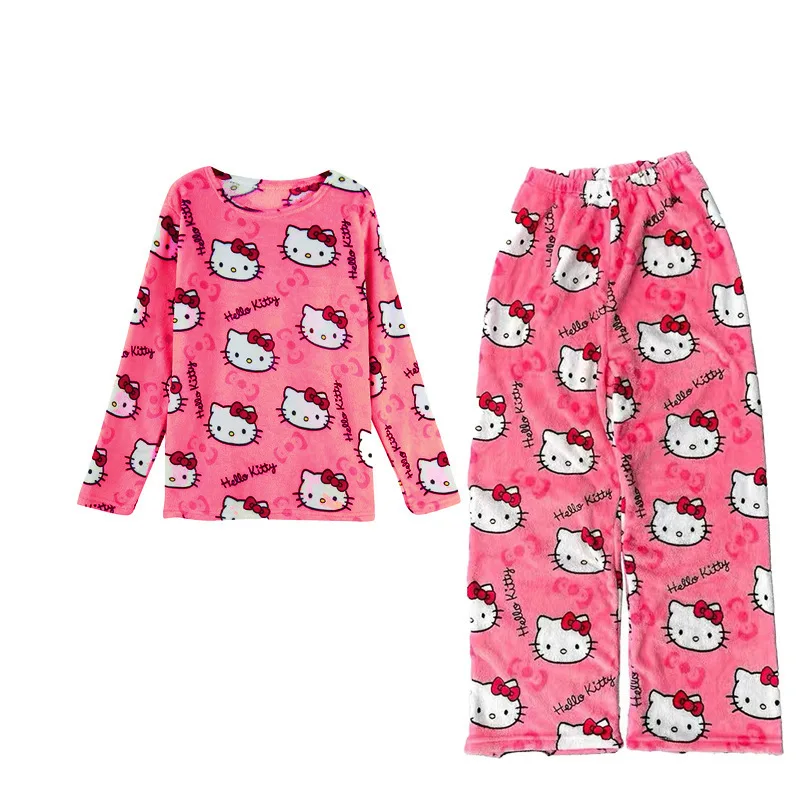 2024 New Model Hello Kitty Pajamas Woman Autumn Winter Flannel Thickened Flannel Cartoon Kawaii  Wearing Outside  Home Suit Set