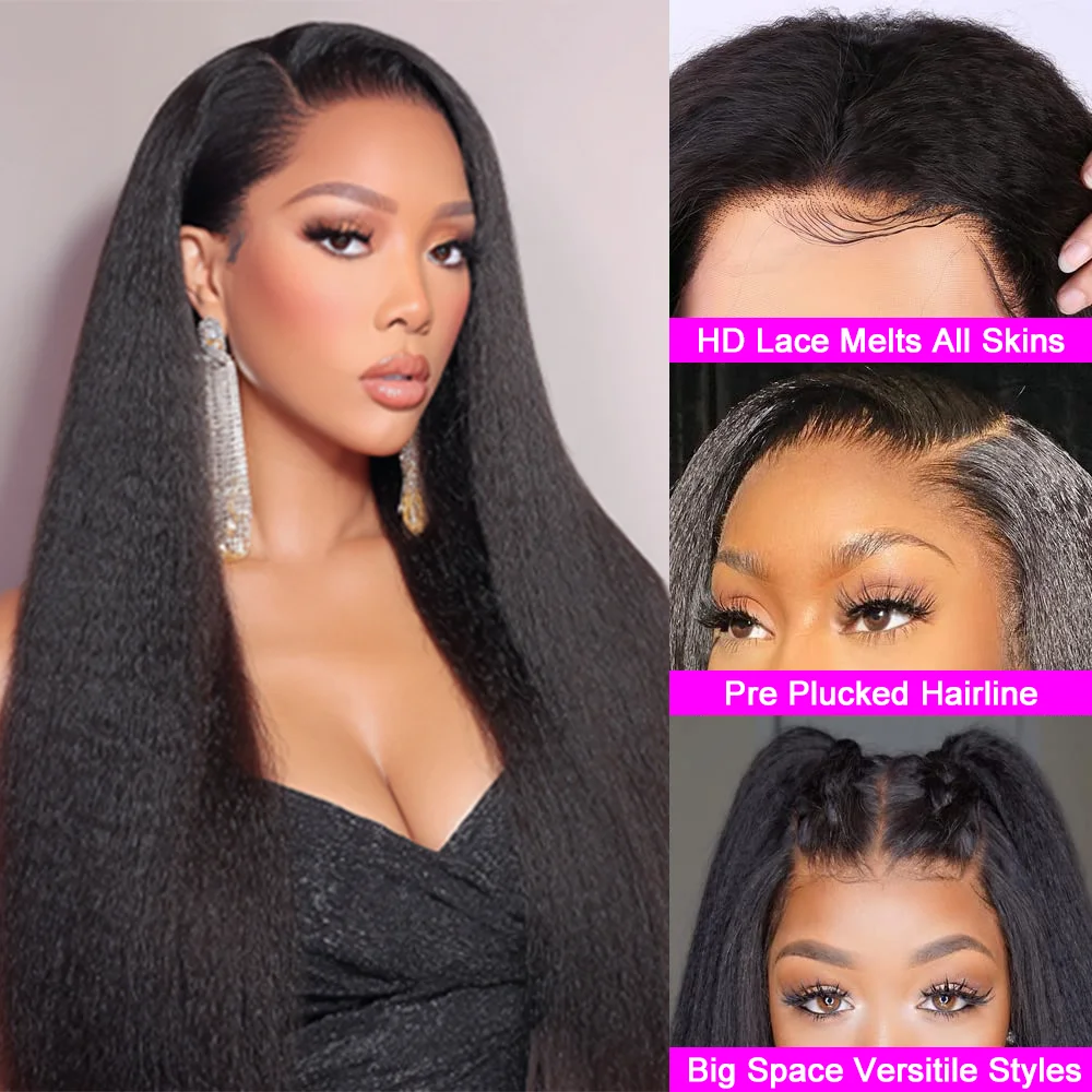200% Density 13x4 HD lace Yaki Straight  Transparent  Glueless Lace Wig Human Hair Wigs For Black Women image 3
