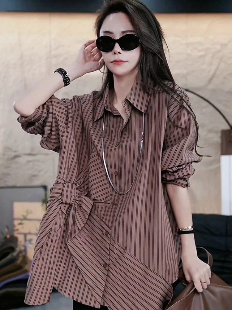 Listrado irregular camisas femininas vintage arco retalhos elegante senhora do escritório blusa outono solto casual manga longa botão feminino topos