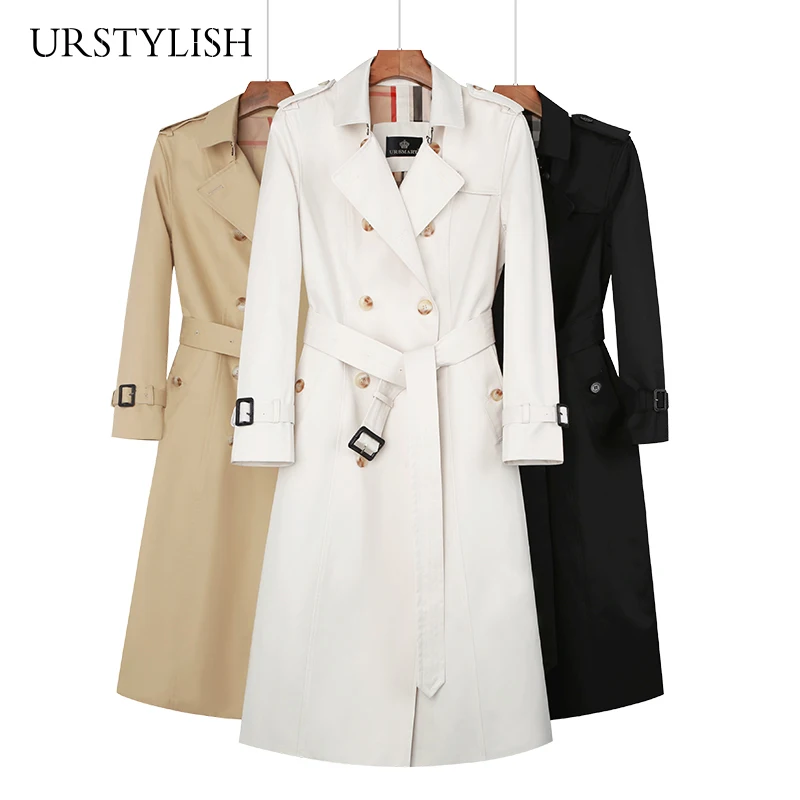 

Women's trench coat long Double breasted trench British fashion Cotton plaid lining rainproof windbreak women