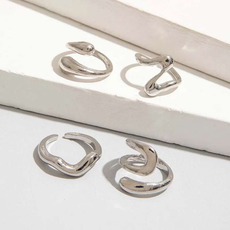 4Pcs/Set Fashion Silver Color Irregular Geometric Open Rings For Women Men Punk Metal Adjustable Knuckle Joint Ring Jewelry image 3