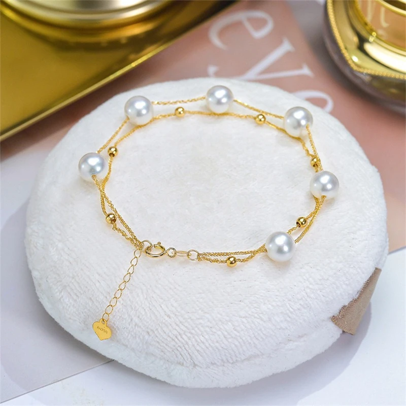 Natural Freshwater Pearl Bracelet 18K Gold AU750 Adjustable Double Bracelet Exquisite Gift Present For Woman Fine Jewelry