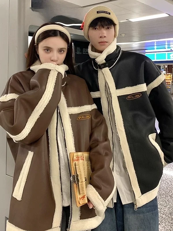 

American Contrast Decomposition Thickened Cotton Jacket Lamb Velvet Men Women Winter Coat High Sensation Leather Fur Integrat...