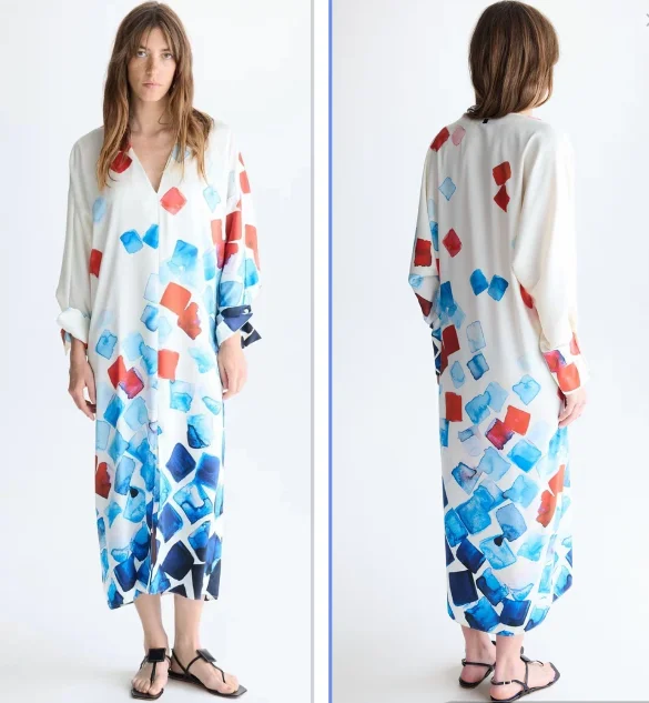 Foreign trade original single Spanish new print watercolor long sleeve long dress