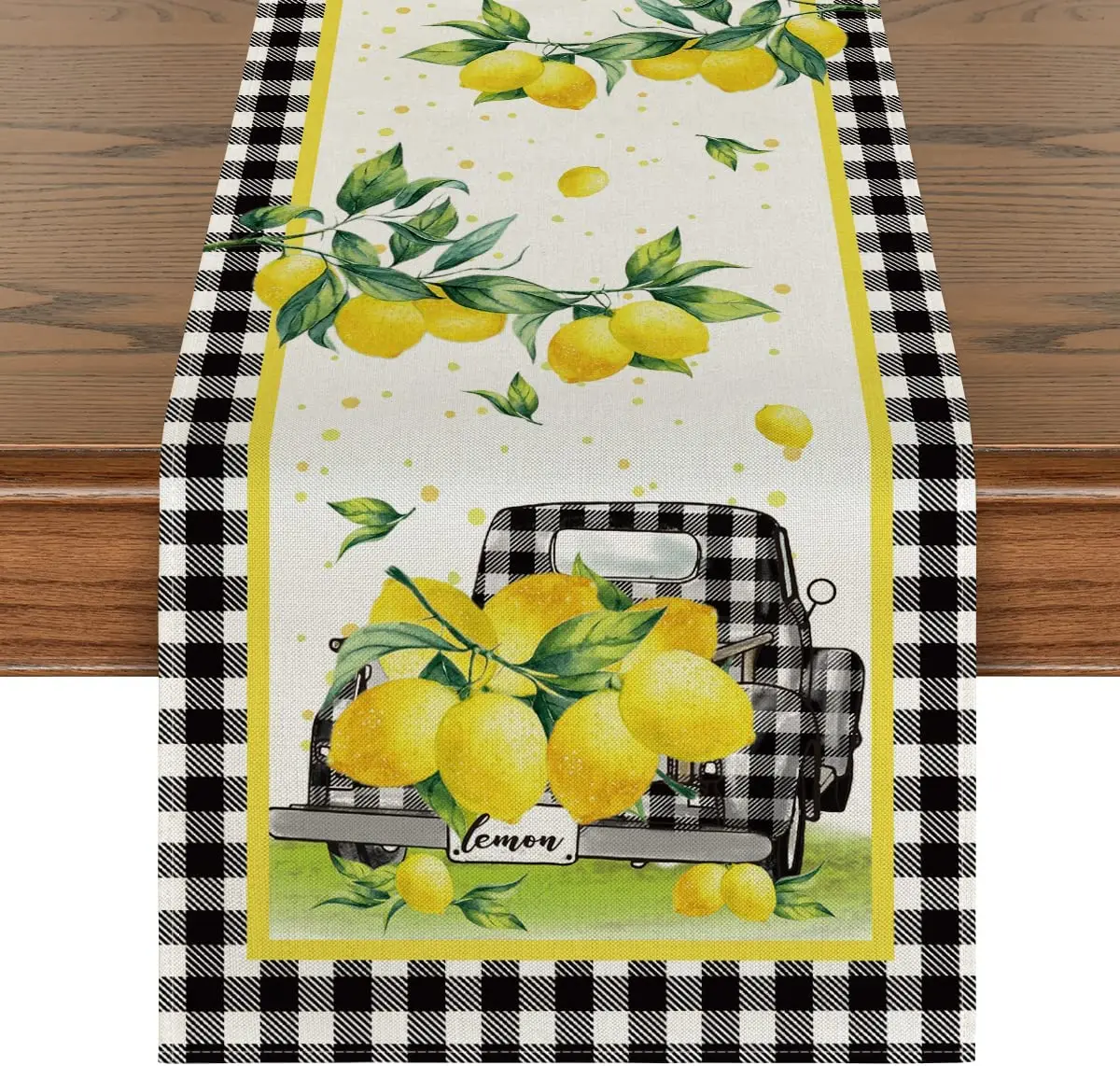 Watercolor Buffalo Plaid Truck Lemon Linen Table Runner Party Decoration Summer Kitchen Dining Table Runner for Home Party Decor