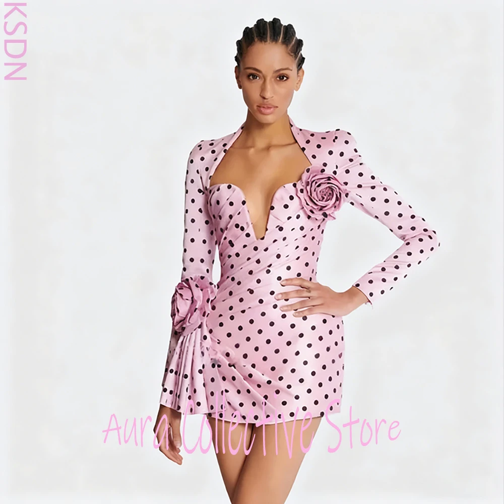 Sexy Handmade Flowers Patchwork Polka Dot Prom Cocktail Gown Customized V-Neck Long Sleeved Draped Bodycon Burgundy Mini Dress