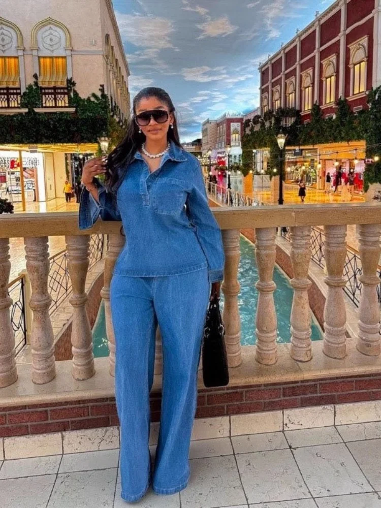 

Two Piece Set Denim Women Wholesale New Woman Sets Long Sleeve Lapel Pocket Top Lace Up Straight Leg Trousers 2025
