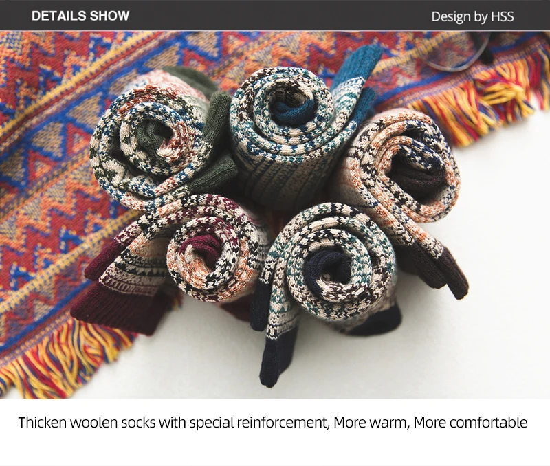 HSS Brand 5 Paar Winter-Herrensocken, dicke Schafwollsocken, warme Herrensocken im Retro-Stil, bunte modische Herrensocken für Schneestiefel – Detail 4