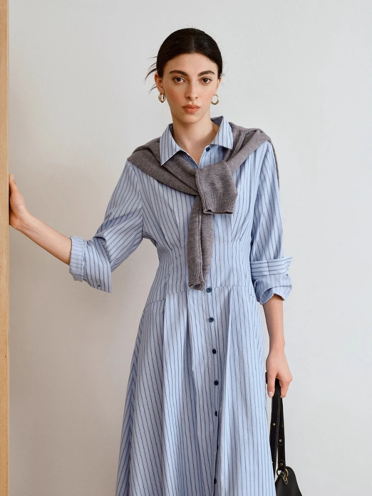

OLrain Women's Blue Striped Shirt Dress Autumn 2025 New Polo Collar Mid-Length Commuter Casual Long Sleeve Dress O57QL000386