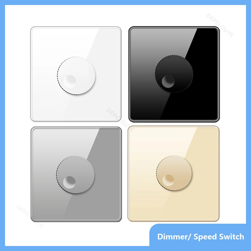 86 Type EU UK Standard Single Dimmer Switch Knob Wall Light Switch Black/White/Grey/Gold Glass Panel Speed Fan Contro Switch