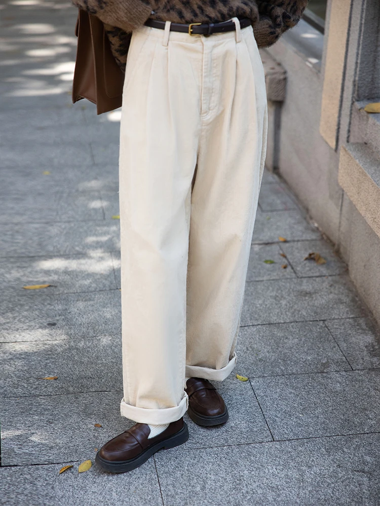 

Khaki Corduroy Straight Leg Casual Pants Women Loose Slim Wide Leg Long Trousers Comfortable High Waist Zipper ket Design